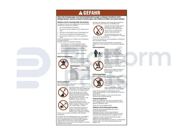 Sticker, gevaar, algemene veiligheidsvoorschriften (DE/bl)