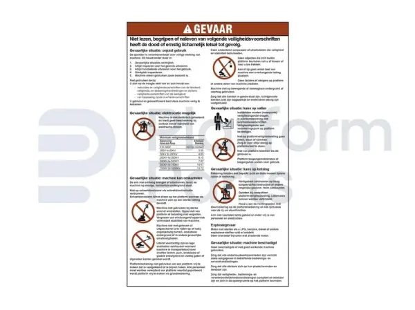 Sticker, gevaar, algemene veiligheidsvoorschriften (NL/bl)