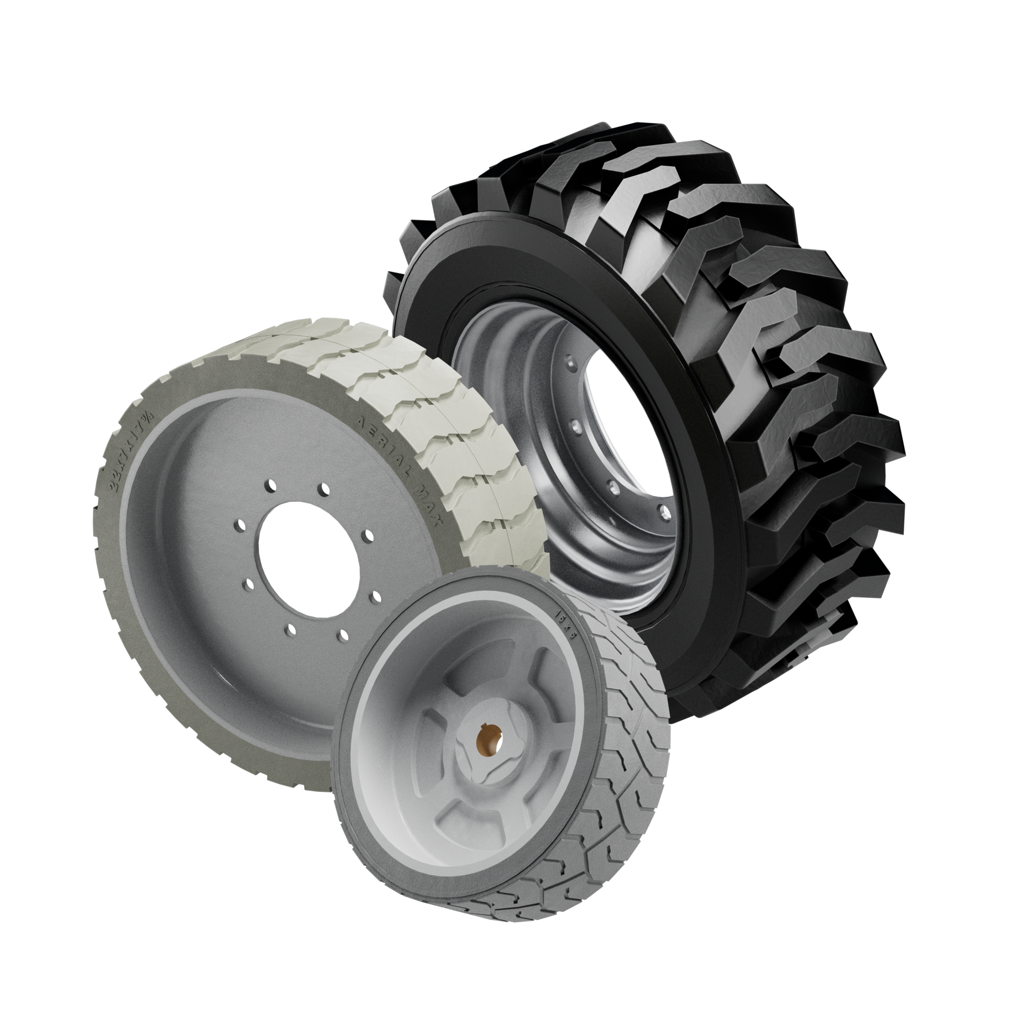Three types of wheels and tyres for aerial work platforms, including non-marking and off-road profiles.