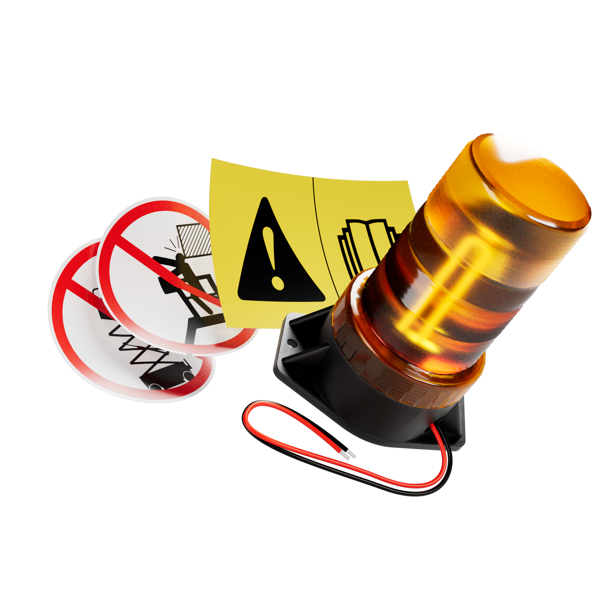 Safety accessories for aerial work platforms, including warning labels, decals and a flashing strobe light.