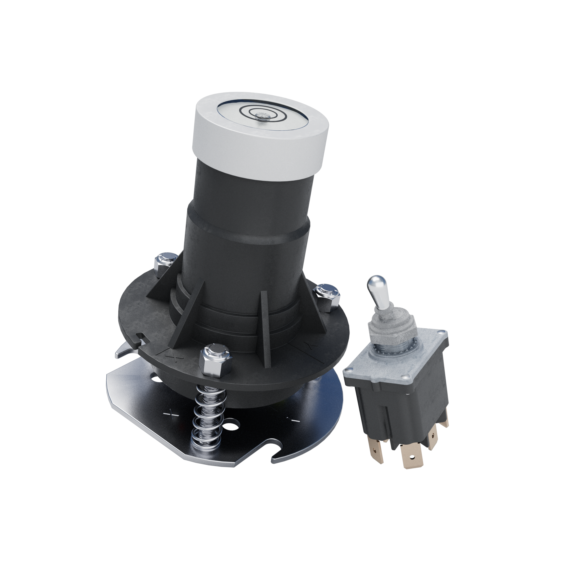 Electrical components for aerial work platforms, including a rotary limit switch and toggle switch.