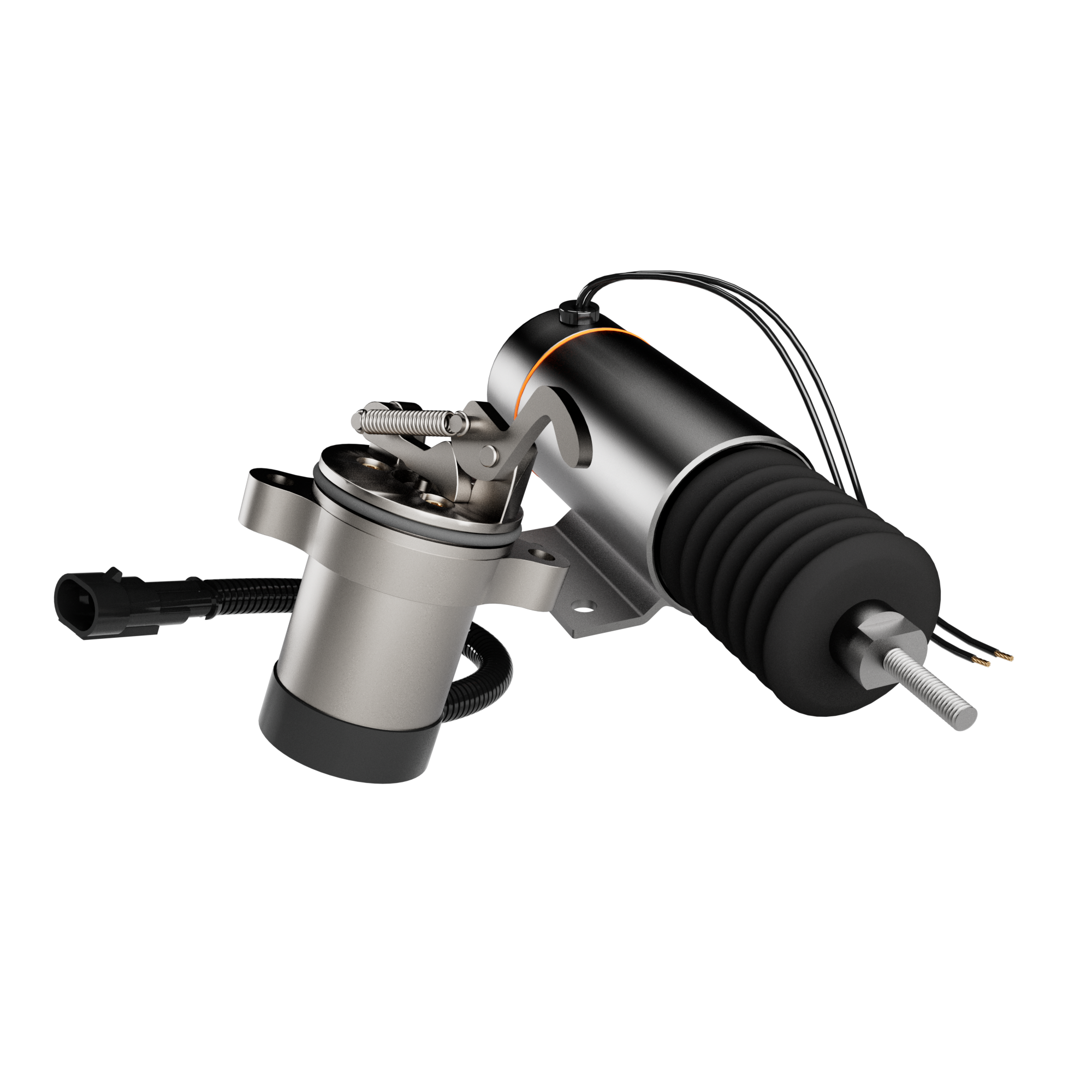 Engine components for aerial work platforms, including a throttle actuator and fuel shut-off valve.