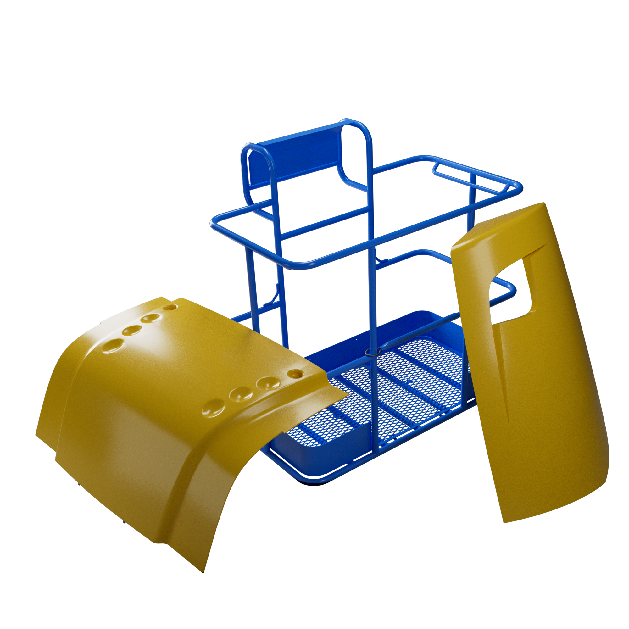 Platform basket and body panels for aerial work platforms, shown in blue and yellow.