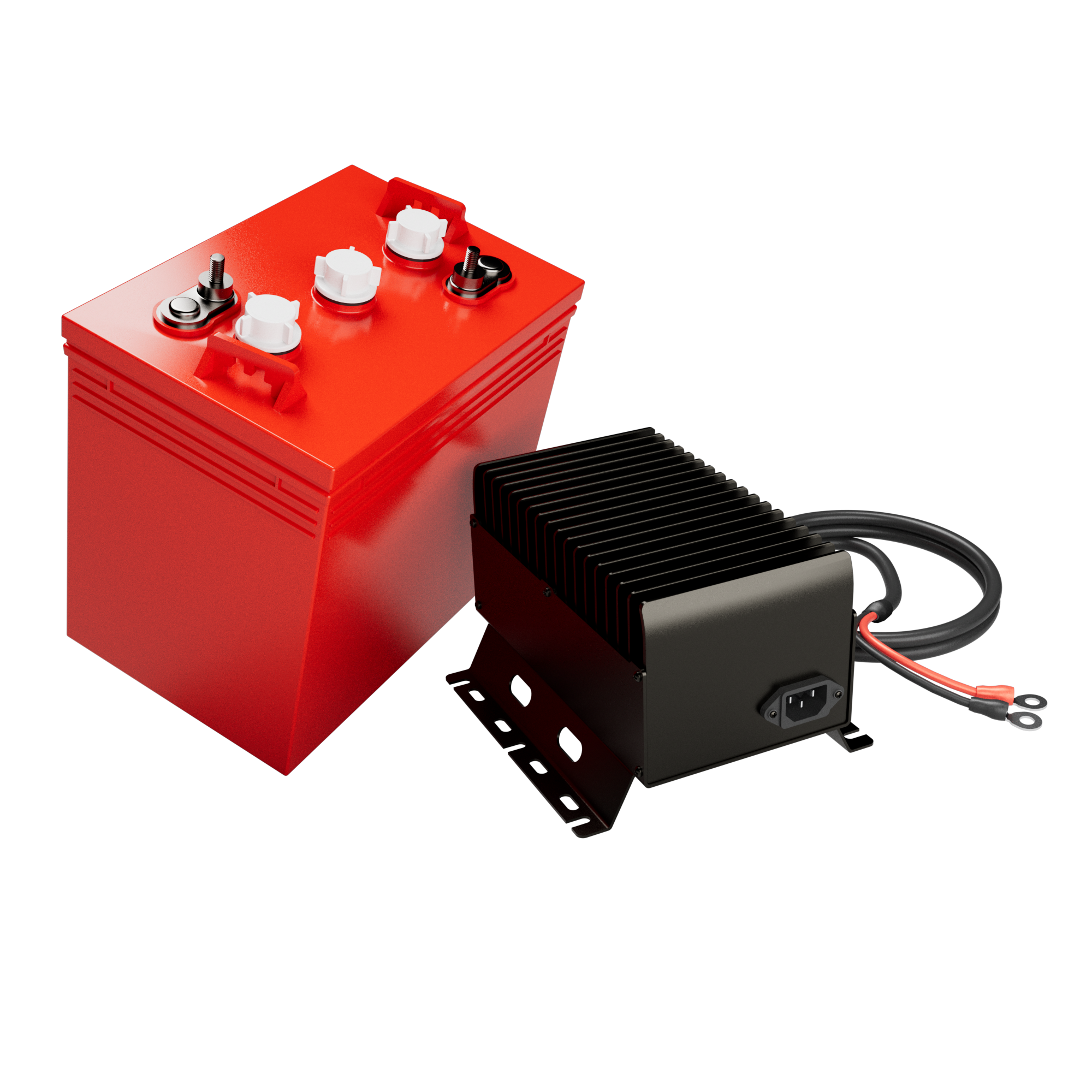 Red deep-cycle battery and compact charger for electric aerial work platforms.