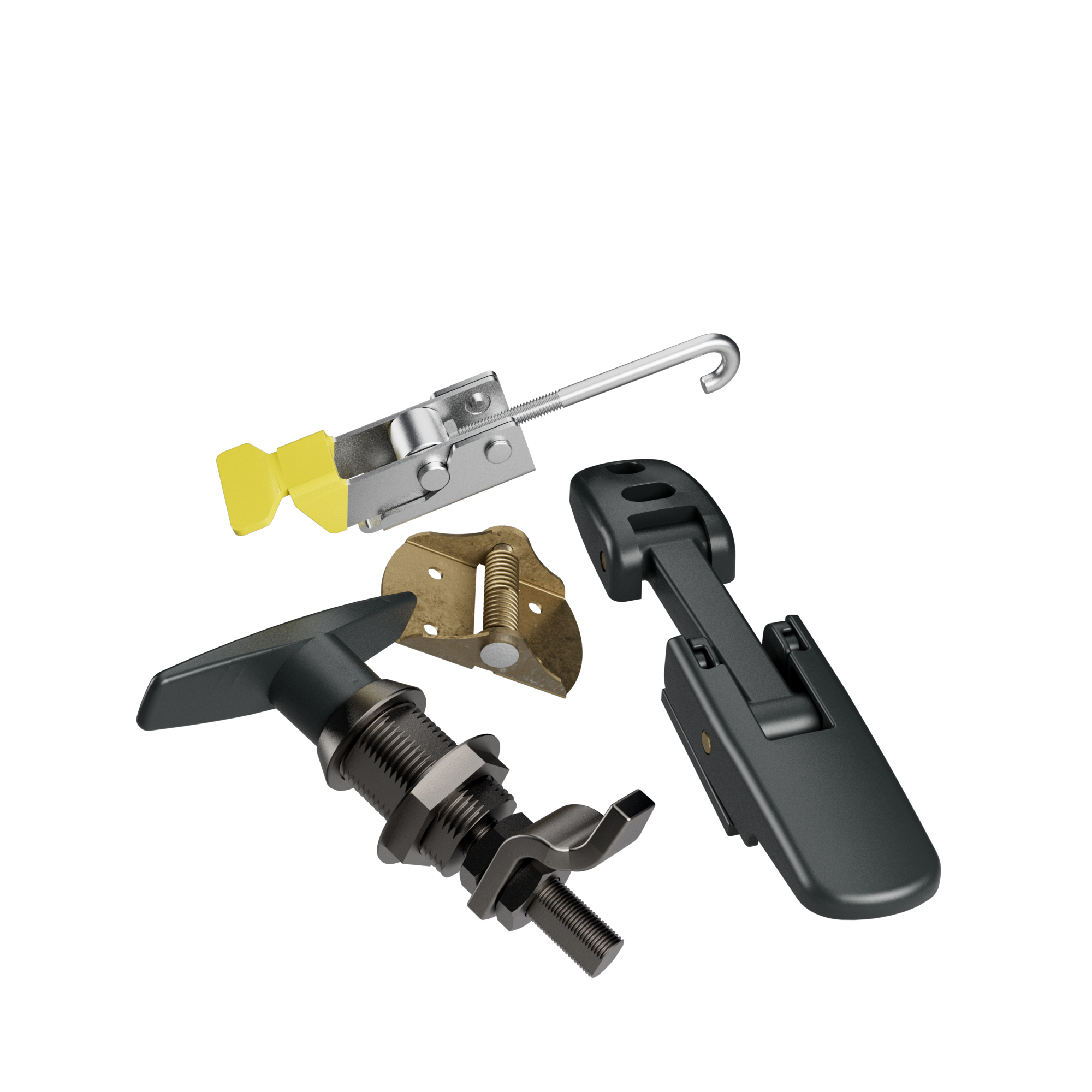 Various mechanical parts for access equipment, including latches, handles and fasteners.