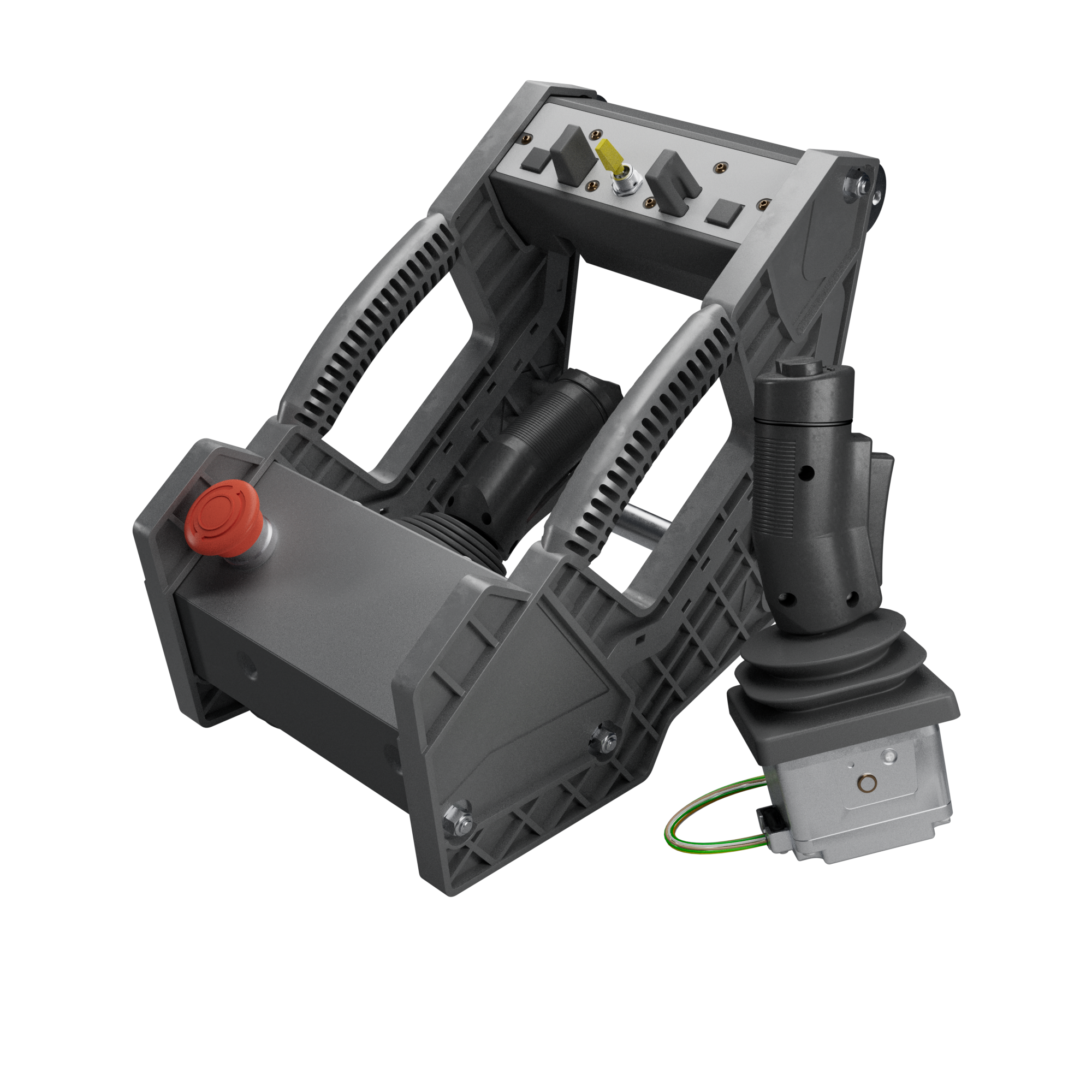 Control box with joystick, used for operating aerial work platforms.