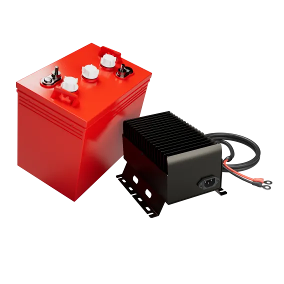 Red deep-cycle battery and compact charger for electric aerial work platforms.