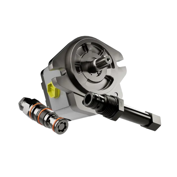 Hydraulic components including a gear pump and cartridges, used in aerial work platforms.