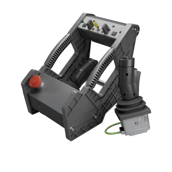 Control box with joystick, used for operating aerial work platforms.