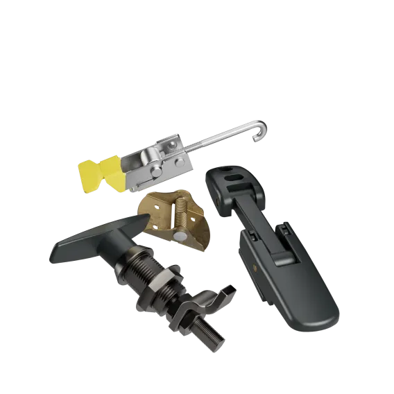 Various mechanical parts for access equipment, including latches, handles and fasteners.