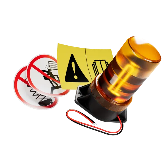 Safety accessories for aerial work platforms, including warning labels, decals and a flashing strobe light.