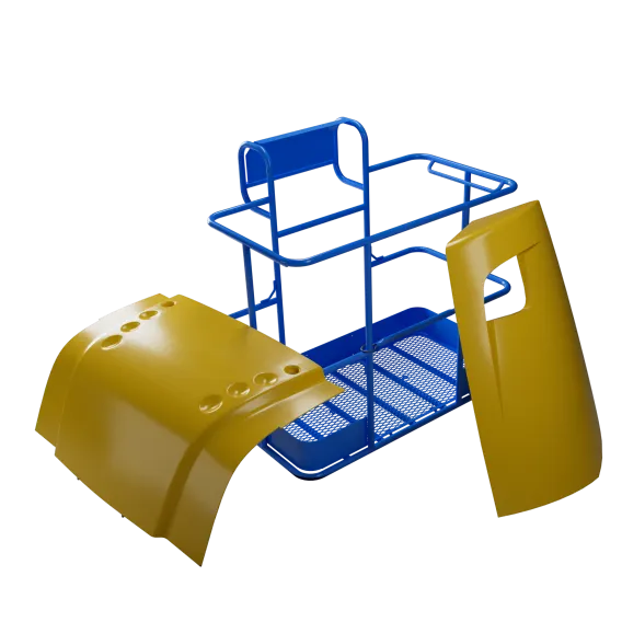 Platform basket and body panels for aerial work platforms, shown in blue and yellow.